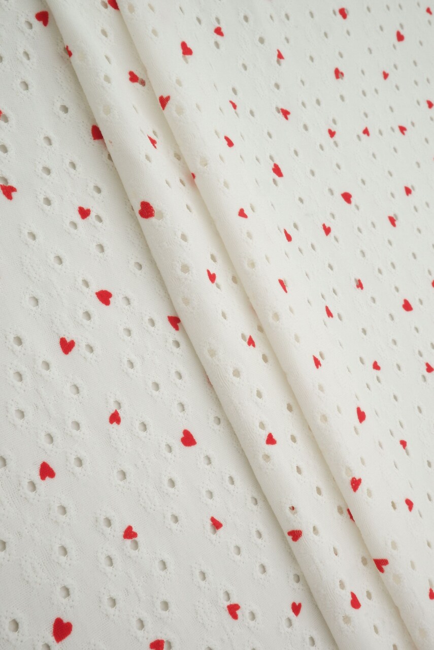 1 Yard Ivory & Red Knit Jacquard Eyelet Heart Print Fabric Stretch Polyester Spandex 58/60 Inches Width